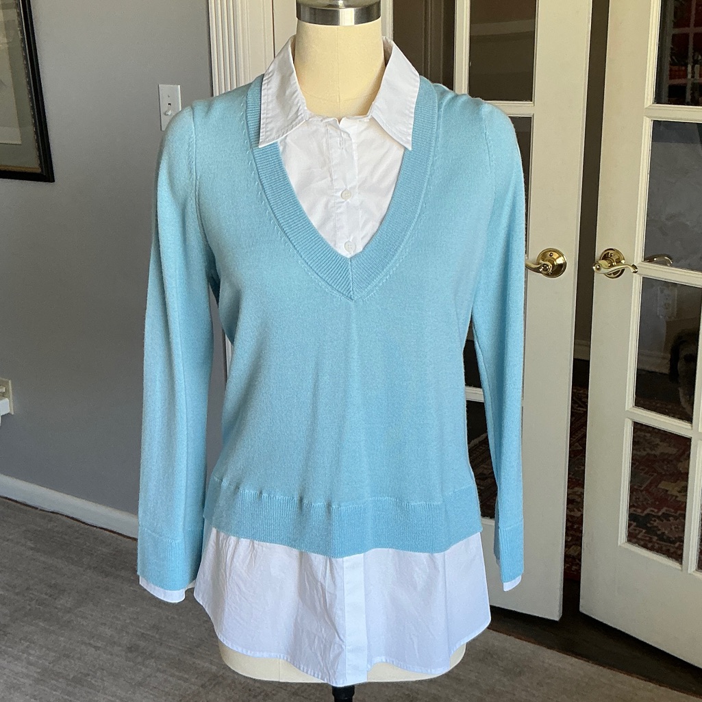 Light Blue V-Neck Layered Sweater With Shirt Hem